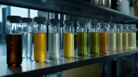 A captivating display of colorful liquid samples in vials showcases a range of hues in a modern laboratory, emphasizing scientific research and experimentation.の素材