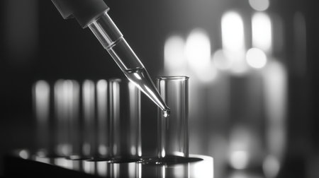 A captivating close-up image of a pipette delivering a precise drop of liquid into a test tube, showcasing the attention to detail and innovation present in modern laboratory research.の素材