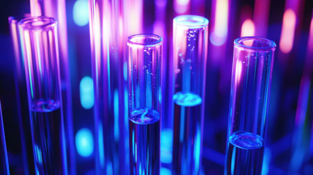 A captivating image of illuminated test tubes filled with liquid, creating a vibrant and colorful laboratory scene. Perfect for science, research, or abstract themed projects.の素材