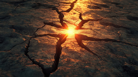 The image showcases a beautifully cracked earth surface under the warm glow of sunset light, emphasizing the intricate patterns and unique textures of nature.の素材