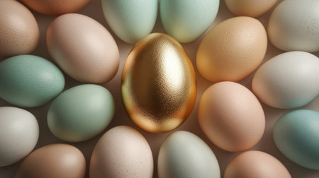 Beautiful arrangement of a golden egg amidst pastel-colored eggs, symbolizing luxury and celebration. Perfect for Easter themes and springtime decoration ideas.の素材