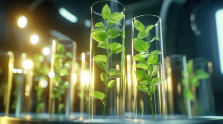 Vibrant green plants flourish inside transparent glass cylinders in a modern laboratory setting, showcasing the intersection of botany, science, and sustainability in a visually striking environment.の素材