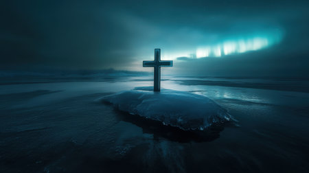 An ethereal cross stands on a frozen landscape, illuminated by the stunning aurora borealis, creating a tranquil and spiritual ambiance in the Arctic wilderness.の素材