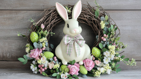 This delightful spring wreath showcases a cute bunny surrounded by vibrant flowers and festive Easter eggs, perfect for brightening up your home dの素材
