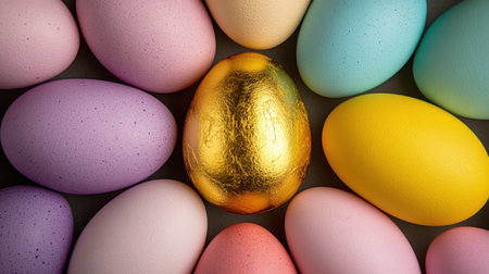 A captivating arrangement of colorful Easter eggs with one shiny golden egg in the center, ideal for celebrating spring and capturing the essence of joyful festive moments.の素材