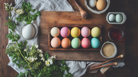 A vibrant display of colorful Easter eggs on a wooden platter, complemented by fresh herbs and baking ingredients, perfect for festive spring celebrations and creative gatherings.の素材