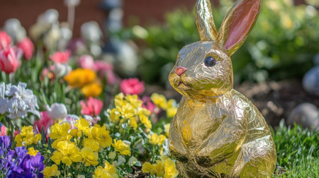 A charming golden Easter bunny sits gracefully amidst vibrant flowers, embodying the spirit of spring and celebration, creating a delightful garden scene perfect for joy and festivities.の素材