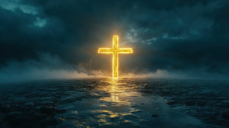 A luminous cross emerges from a dark stormy backdrop, casting a warm glow over the tranquil water, embodying themes of faith and hope in a captivating setting.の素材