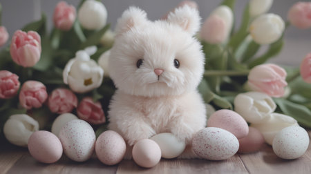 A charming fluffy bunny sits amidst pastel eggs and tulips, creating a heartwarming scene ideal for Easter celebrations and spring-themed artwork.の素材