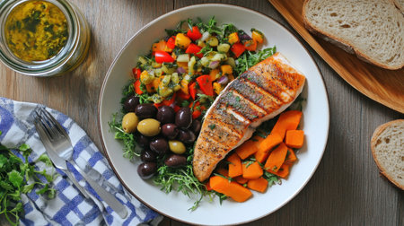 A vibrant and healthy gourmet meal featuring grilled salmon, assorted vegetables, and fresh greens served on a rustic table, ideal for nutrition-focused eating.の素材