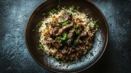 A visually appealing dish of slow-cooked beef served over a bed of fluffy rice, beautifully garnished with fresh herbs, perfect for showcasing culinary expertise in food photography.の素材