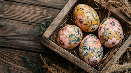 A stunning selection of hand-painted Easter eggs displayed in a rustic wooden crate with natural dried foliage, perfect for spring decorations and holiday celebrations.の素材