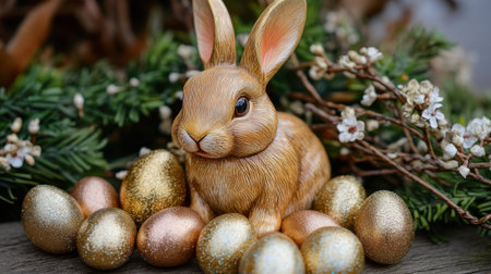 A beautifully crafted decorative rabbit rests among sparkling golden eggs, making it a perfect decorative piece for Easter and spring celebrations, adding warmth and joy to any setting.の素材
