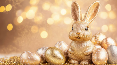 A charming golden bunny figurine sits among glittering Easter eggs, perfect for adding a festive touch to spring celebrations and holiday decor.の素材