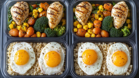 A vibrant and appealing image of healthy meal prep featuring grilled chicken, colorful vegetables, and fried eggs on a nutritious grain base, ideal for fitness enthusiasts.の素材