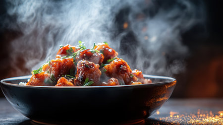 A steaming bowl of spicy chicken garnished with fresh herbs under soft lighting, showcasing vibrant colors and inviting aromas, perfect for culinary inspirations.の素材
