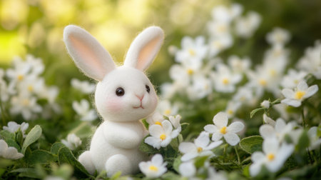 A charming white bunny posed among beautiful white flowers in a sunlit setting, evoking feelings of joy, innocence, and the beauty of nature. Perfect for seasonal themes.の素材