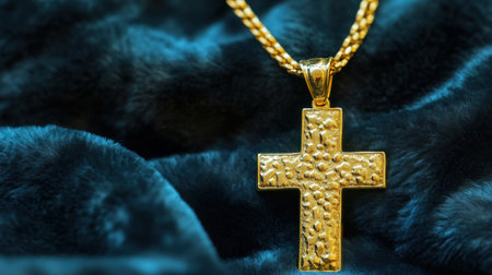 A stunning golden cross pendant with a unique texture rests on a dark velvet background, making it an ideal representation of faith, elegance, and luxury jewelry.の素材