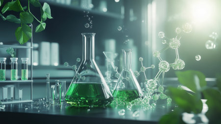 Captivating image showcasing laboratory glassware filled with green liquid in a modern lab setting, highlighting chemical reactions and scientific exploration.の素材
