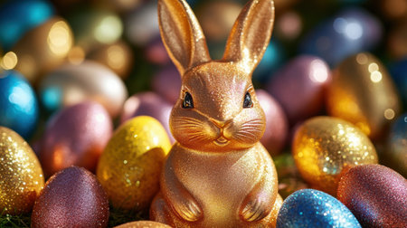 A stunning golden bunny stands among a sea of shimmering pastel eggs, creating a cheerful and festive atmosphere ideal for Easter celebrations and springtime illustrations.の素材