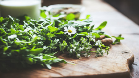 A beautiful arrangement of fresh green herbs, including arugula and flowers, displayed on a wooden cutting board, perfect for culinary and cooking inspirations.の素材