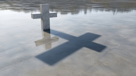A serene marble cross stands on a reflective water surface, casting a shadow that embodies tranquility and spirituality in a peaceful outdoor space.の素材