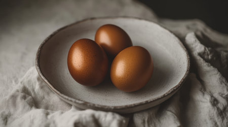 Three beautifully brown eggs are elegantly arranged on a rustic white plate, surrounded by soft linen, creating a warm and inviting atmosphere perfect for culinary inspiration.の素材