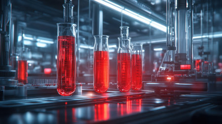 This striking laboratory scene features glassware filled with vibrant red liquid, showcasing a modern and high-tech atmosphere perfect for science and medical research contexts.の素材