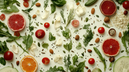 Bright and vibrant display of various fresh fruits, vegetables, nuts, and herbs arranged creatively on a white background for a healthy lifestyle concept.の素材