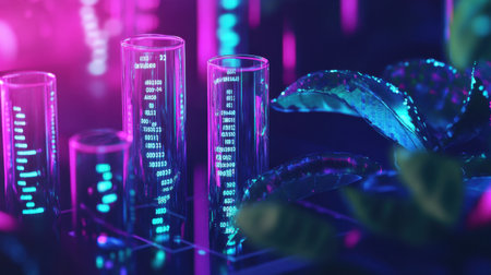 This vibrant image showcases an abstract representation of data analysis, featuring glowing charts and test tubes, combining technology and nature for a modern aesthetic.の素材