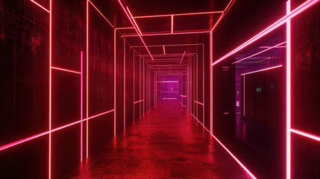 A visually striking corridor illuminated by bright pink and purple neon lights, creating a modern and dynamic atmosphere perfect for design projects or creative inspiration.の素材
