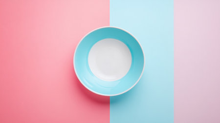 A minimalist composition featuring a round blue bowl on a soft pink and light blue background, perfect for showcasing modern design and pastel aesthetics in photography.の素材