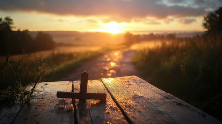 A picturesque scene featuring a wooden cross on a table, set against a stunning sunset glowing over a tranquil landscape, creating a serene atmosphere perfect for reflection and inspiration.の素材