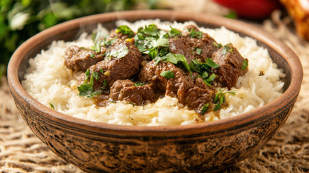 A hearty beef stew served over fluffy rice, garnished with fresh herbs, showcasing rich flavors and rustic presentation, perfect for a comforting meal or special occasion.の素材