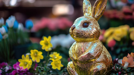 A beautiful golden bunny is poised amidst an array of colorful flowers, offering a delightful representation of Easter festivities and springtime celebrations.の素材