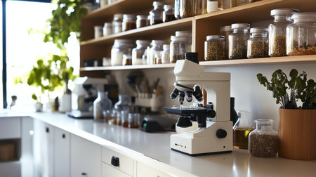 Bright and organized laboratory workspace featuring a microscope, glass containers of herbs, and a warm ambiance created by natural light and greenery.の素材