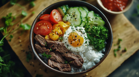 This beautiful bowl features rice topped with savory beef, fresh vegetables, and a sunny-side-up egg, designed for a healthy and vibrant meal option.の素材