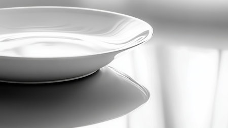 A stunning minimalist white plate elegantly rests on a reflective surface, showcasing a perfect blend of design, light, and texture, ideal for culinary presentations.の素材