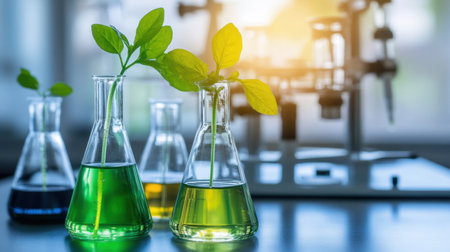 A vibrant laboratory setup features glass beakers with colorful liquids and fresh green leaves, highlighting the intersection of plant research, sustainability, and scientific innovation.の素材