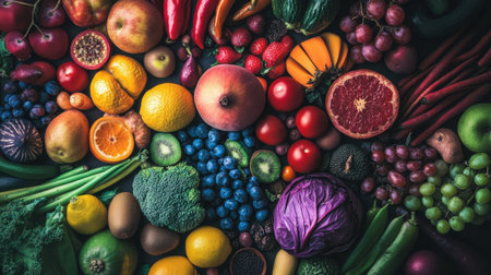 Explore a stunning display of assorted fresh fruits and vegetables, highlighting vibrant colors and rich textures that inspire healthy eating and culinary creativity. Perfect for lifestyle promotion.の素材