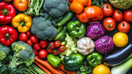 A vibrant and colorful assortment of fresh vegetables including broccoli, bell peppers, and tomatoes arranged beautifully on a dark surface, perfect for promoting healthy eating and culinary creativity.の素材