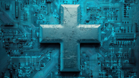 This image presents a striking blue and metallic medical cross, set against a backdrop of intricate circuit designs, symbolizing the fusion of technology and healthcare in contemporary society.の素材