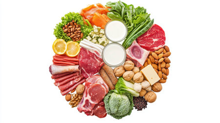 A vibrant display of assorted meats, vegetables, nuts, and dairy products arranged in a circular pattern, ideal for inspiring healthy meal preparations and culinary creativity.の素材