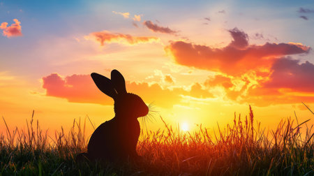 A serene silhouette of a rabbit in a grassy field at sunset, showcasing vibrant colors in the sky and creating a peaceful atmosphere in nature.の素材