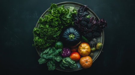 A stunning assortment of fresh organic vegetables featuring greens, citrus fruits, and unique produce, perfect for culinary creativity and healthy eating inspiration.の素材