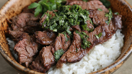 A beautifully presented bowl of tender beef slices served over fluffy white rice, topped with fresh herbs, perfect for showcasing comforting and flavorful meals.の素材