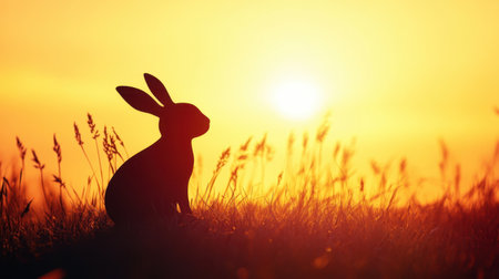 A serene silhouette of a rabbit perched in a golden meadow at sunrise, capturing the beauty of nature and peaceful moments in a stunning outdoor landscape.の素材