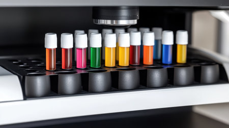 A vibrant assortment of test tubes arranged in a laboratory setting, showcasing essential tools for scientific analysis and highlighting the precision in research endeavors.の素材