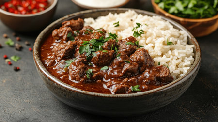 Indulge in a flavorful beef stew served over fluffy rice, garnished with fresh herbs. Perfect for food lovers seeking comfort in every bite of this hearty dish.の素材