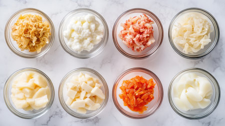 A vibrant display of assorted healthy ingredients in glass bowls, showcasing fresh fruits, vegetables, and dairy products ideal for nutritious meals and culinary exploration.の素材